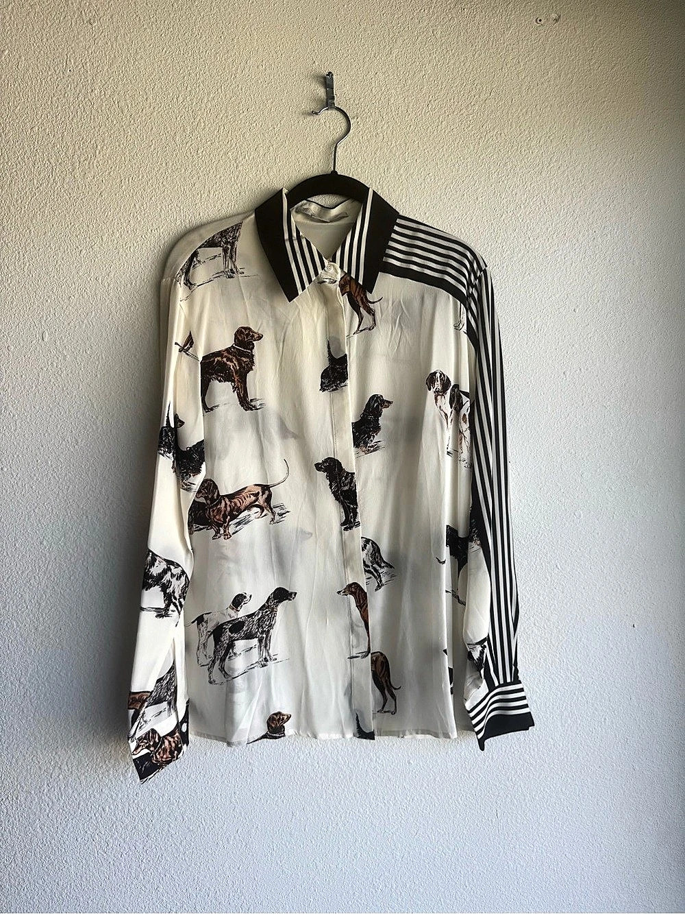 Stella McCartney Dog-Print Silk Shirt Button Down White & Black Size 38